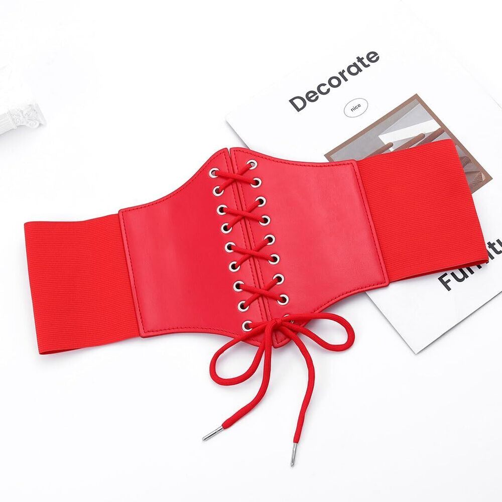 9774 Stretchy Leather Corset Belt Elastic Red Waist Belts Wide Costume - Picture 5 of 6